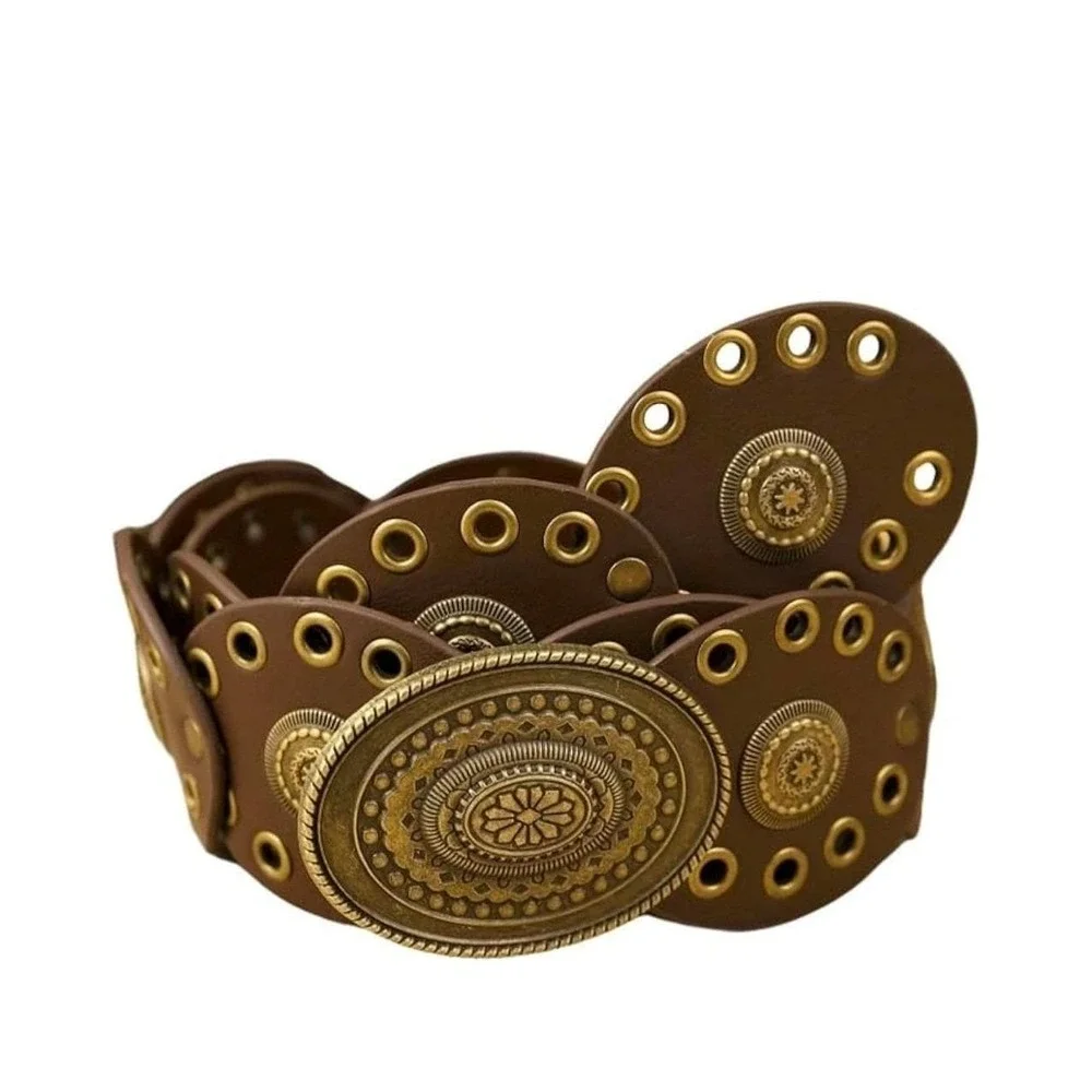 Womens Boho Brown Leather Wide Circle Disc‎ Studded Belt Antique Gold Buckle